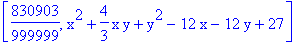 [830903/999999, x^2+4/3*x*y+y^2-12*x-12*y+27]